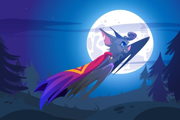 Superhero bat flying at night sky with full moon