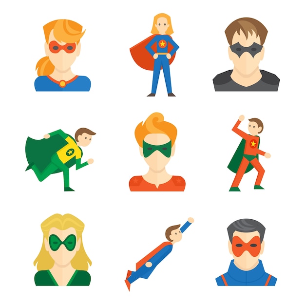 Free Vector superhero boys and girls avatars in masks and disguise flat set isolated vector illustration