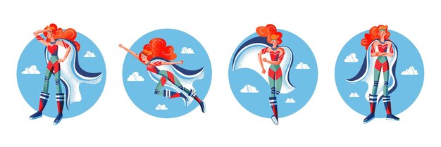 Superhero in costumes set Cartoon comic heroes with capes woman with powers posing on blue sky background brave superwoman standing and flying