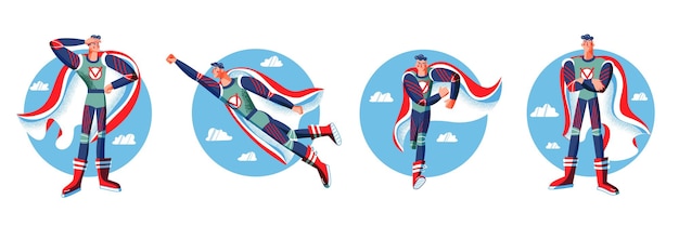 Superhero in costumes set Comic book heroes with capes posing on blue sky background