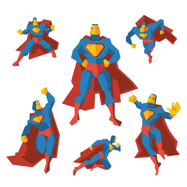 Free Vector superhero in different actions. costume superhero, polygonal geometric man woth cloak. vector illustration set