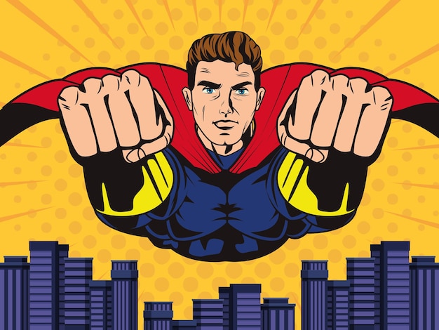 superhero flying pop art character