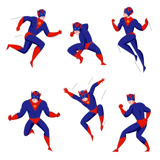 Superhero powerful super beast comics games blue bodysuit character in 6 action poses fighting flying jumping