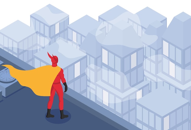 Free Vector superhero in red costume with yellow cape standing on roof of skyscraper isometric urban background 3d vector illustration