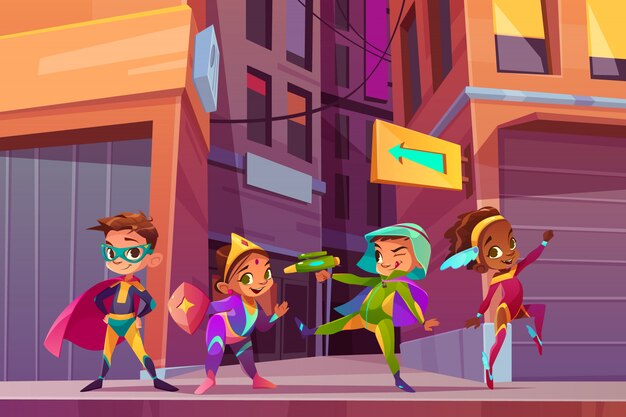 Superheros children on city street cartoon vector concept with happy smiling