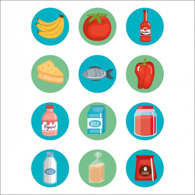 supermarket groceries set icons