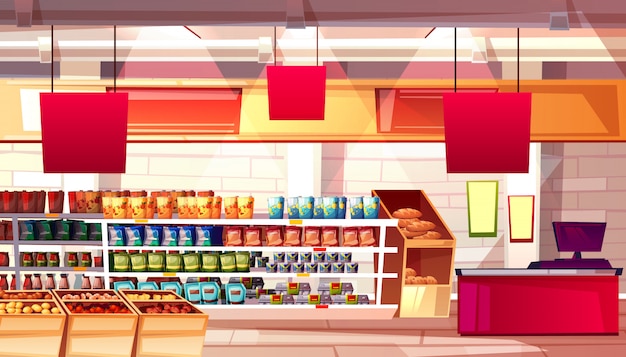 Free Vector supermarket and grocery food products on shelves illustration.