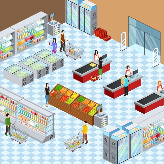 Supermarket grocery store interior design isometric composition