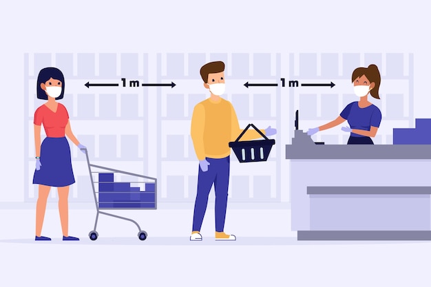 Supermarket queue with safety distance