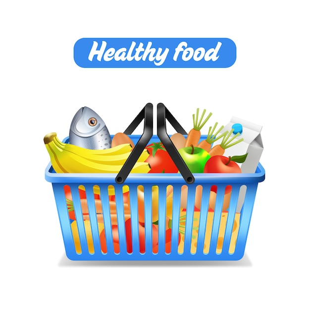 Free Vector supermarket shopping basket full of healthy food isolated on white background