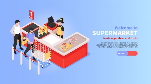 Supermarket website horizontal isometric design with online vegetables fruits grocery offer basket customers payment symbols