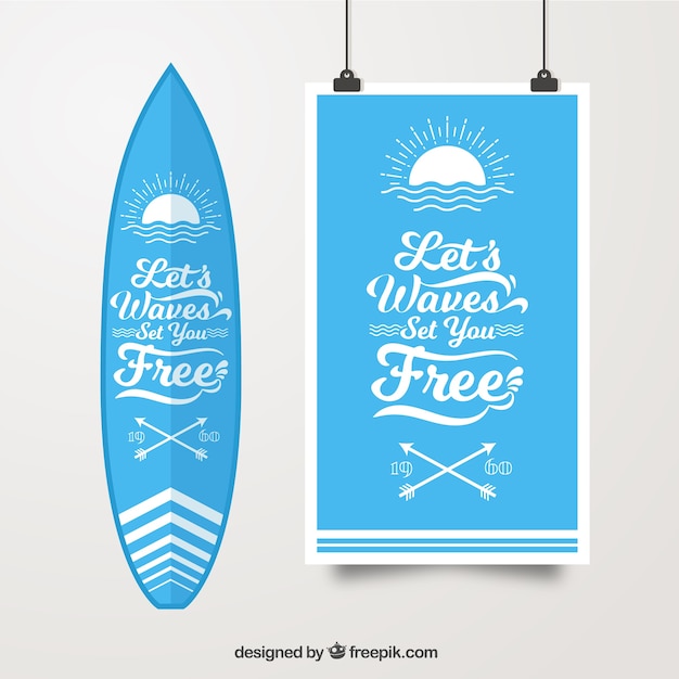 Free vector surf poster with surfboard