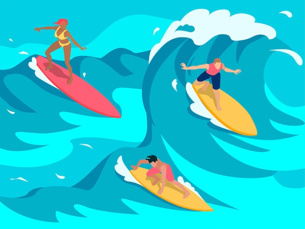 Surfers on the waves colorful isometric illustration