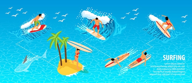 Free Vector surfing isometric infographics with people engaged in water sports outdoors vector illustration