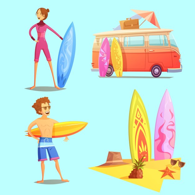 Surfing retro cartoon icons 