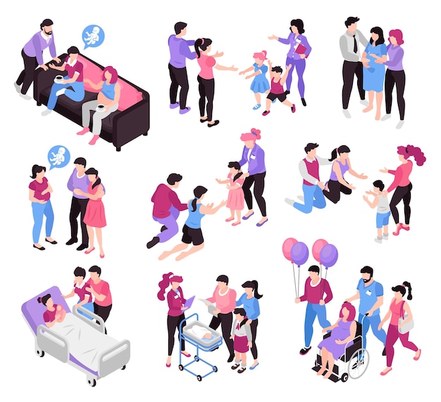 Surrogacy agencies service pregnancy adoption custody potential parents meeting welcoming kids home isometric compositions set vector illustration