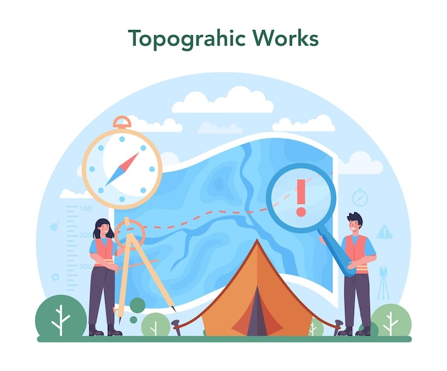 Free Vector surveyor concept land surveying technology geodesy science engineering and topography equipment people with compass map and topographic equipment vector flat illustration