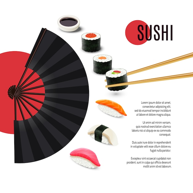 Free Vector sushi poster with folding fan