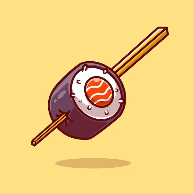 Sushi Salmon Roll With Chopstick Cartoon Vector Icon Illustration Food Object Icon Concept Isolated