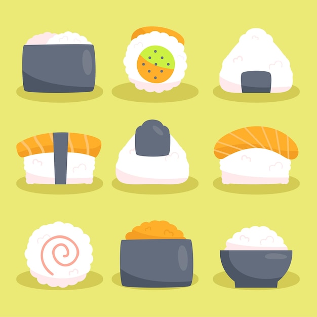 Free Vector sushi set of different types chopsticks and bowls with wasabi soy ginger vector illustration