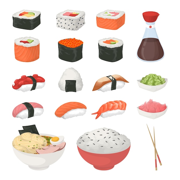 Sushi set on white background Rolls and sushi sashimi and soup Soy souce