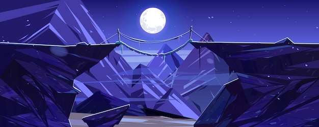 Free Vector suspended mountain bridge above night cliff rock peaks and full moon scenery