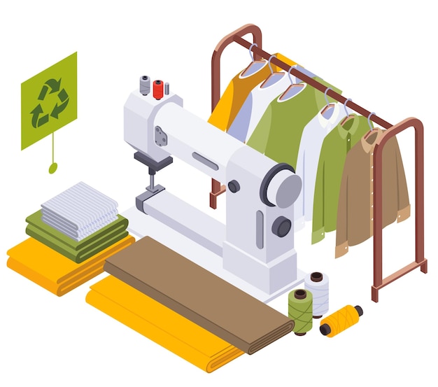 Free vector sustainable clothes slow fashion isometric composition with garment rail and fabric rolls with sewing machine stitching vector illustration