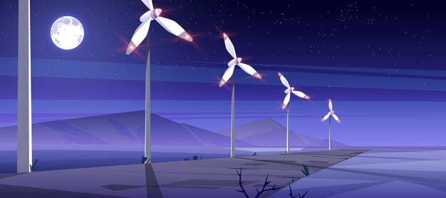 Sustainable energy farm with wind turbines at night Vector illustration of alternative power generation clean electric industry Cartoon landscape with windmills mountains and moon in sky