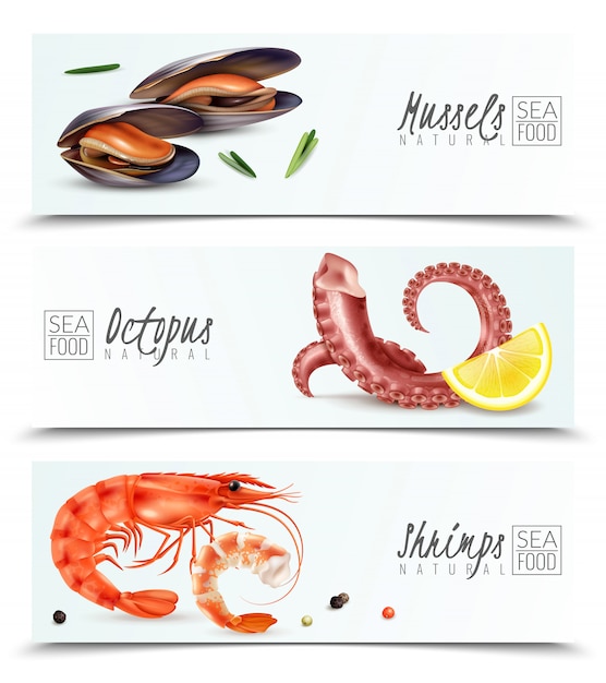 Free Vector sustainable seafood choice 3 realistic horizontal banners with mussels shrimps octopus appetizer cocktail ingredients isolated