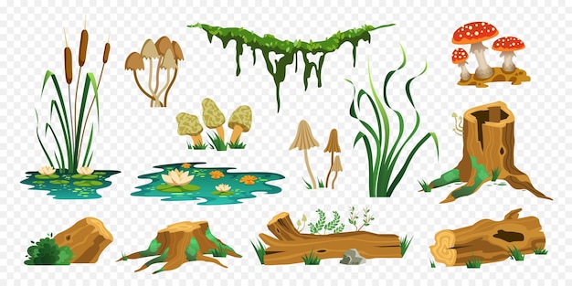 Free vector swamp forest color set of isolated icons with wooden trunks stubs mushrooms moss and water plants vector illustration