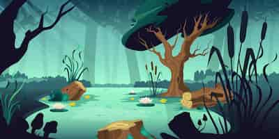 Free vector swamp forest composition with cartoon style landscape huge trees and water with plants and water flowers vector illustration