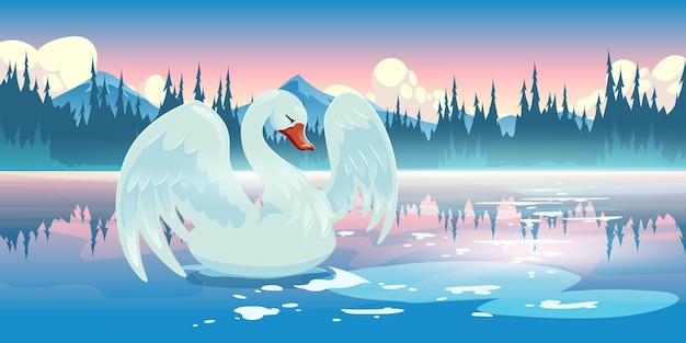 Free Vector swan on lake morning nature landscape, scenery view with beautiful white bird swim at calm pond with mountains and conifers trees under pink sky with fluffy clouds. cartoon parallax vector background