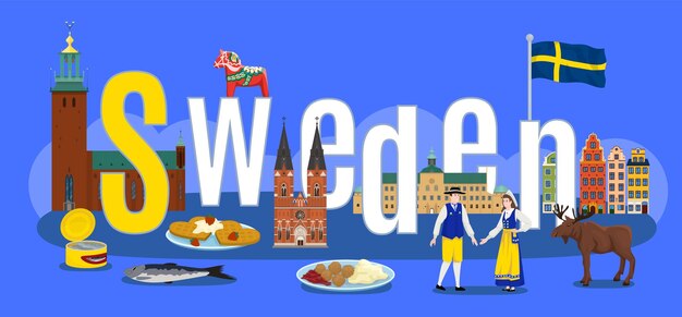 Sweden touristic concept with national culture symbols flat vector illustration