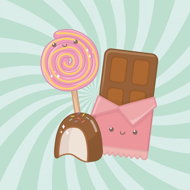 Sweet chocolate bar and candies kawaii characters