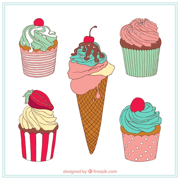 Sweet desserts collection in hand drawn style 