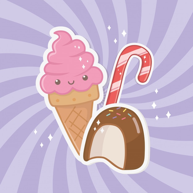 Free Vector sweet ice cream and candies kawaii characters