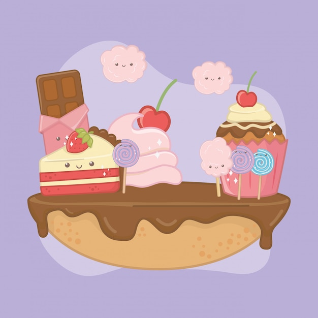 Sweet pie of chocolate cream with kawaii characters