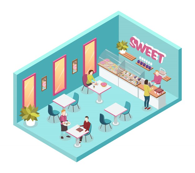 Sweet shop inside with waiters and consumers