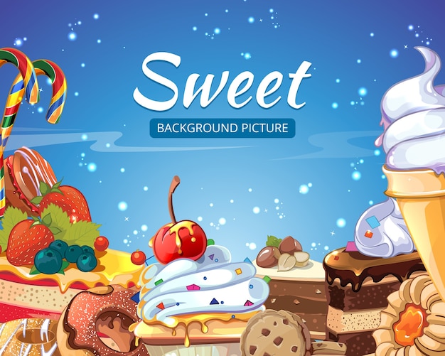 Sweets  abstract background candy, cakes, donuts and lollipops. Dessert chocolate and ice cream, tasty cupcake, vector illustration