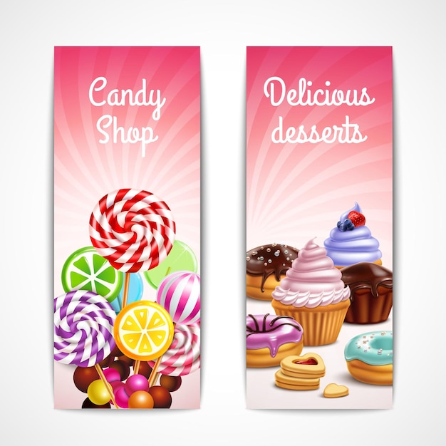 Sweets and desserts banners collection with two vertical banners editable text and  confectionery products