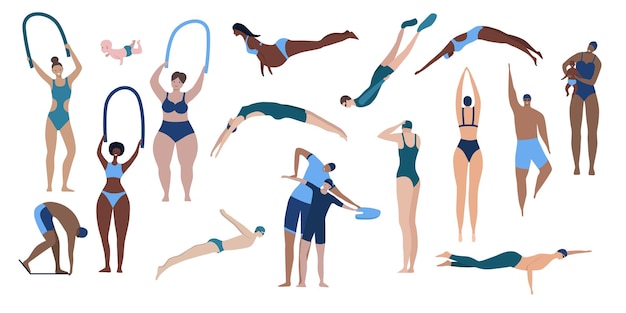 Swim pool people composition with isolated human character of man jumping in swimsuit vector illustration