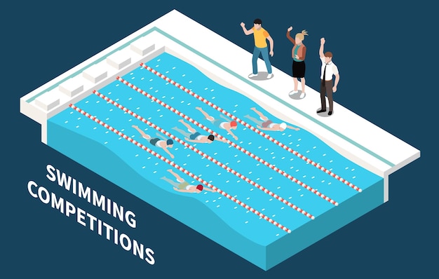 Free Vector swimming competitions isometric  background with trainers giving instructions to several athletes during pool race vector illustration