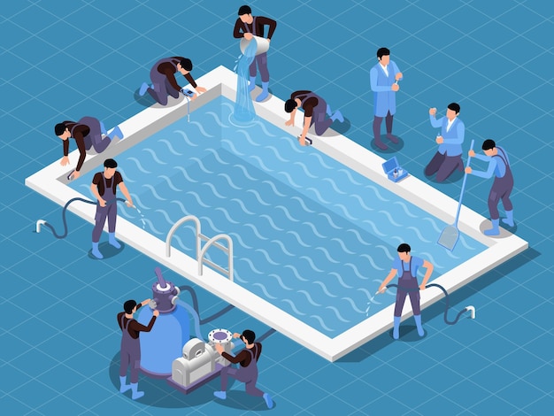 Free Vector swimming pool maintenance service isometric composition with rectangular pool surrounded by workers in uniform with tools vector illustration