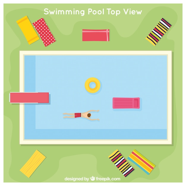 Swimming pool in a top view with deck chairs