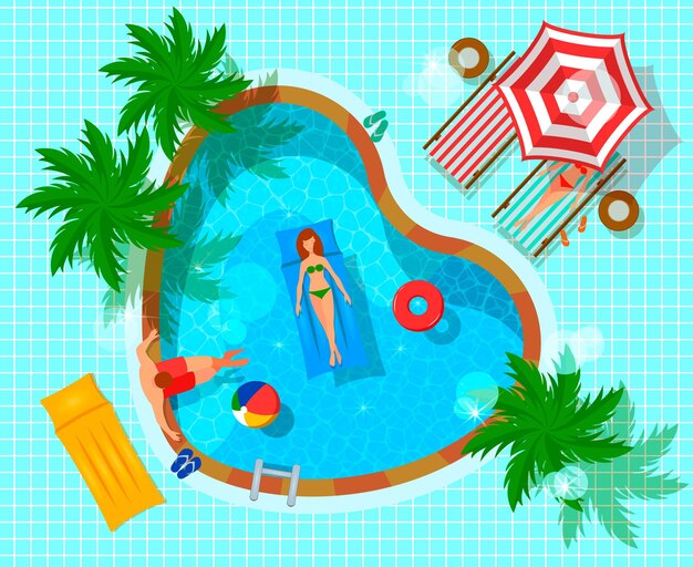 Swimming pool top view with human characters during leisure flat composition on tiled blue