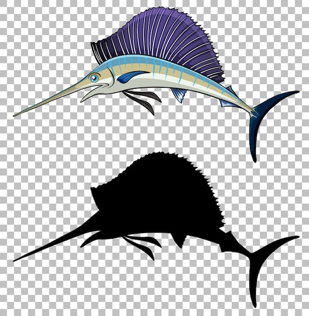 Swordfish cartoon style with its silhouette