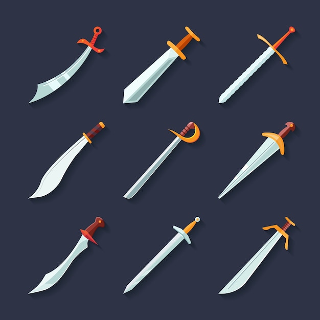 Free vector swords knives daggers sharp blades flat icon set isolated vector illustration