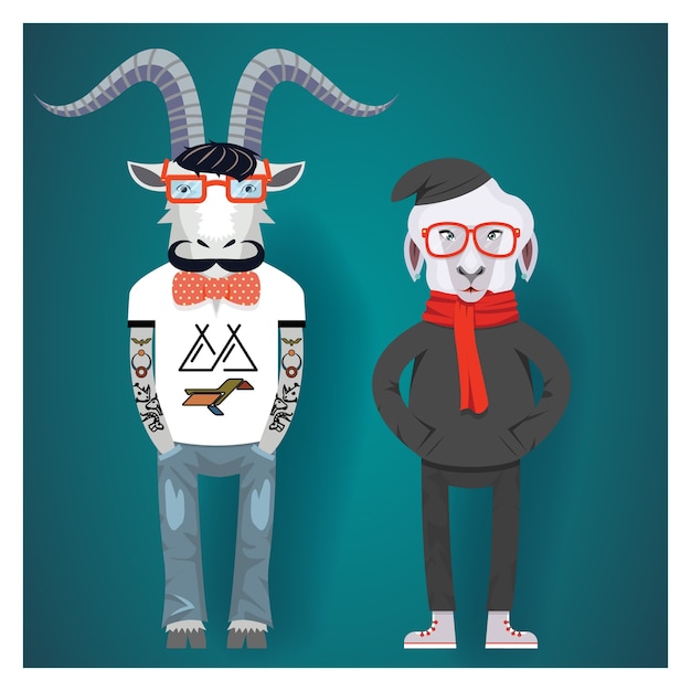 Free Vector symbols of chinese new year-goat and sheep in hipster clothes.