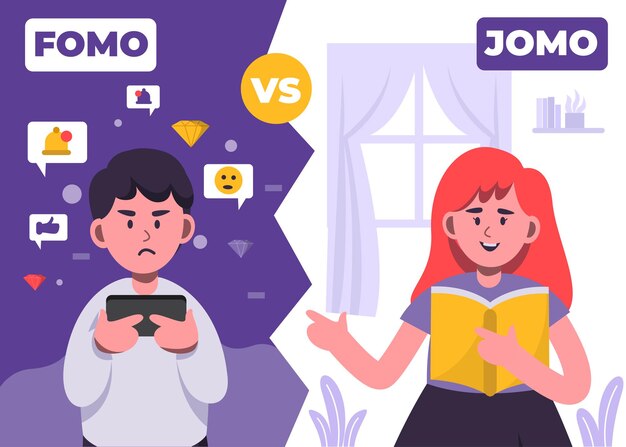 Syndrome FOMO and JOMO concept illustration