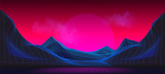 Free Vector synthwave retro background with neon pink sunset